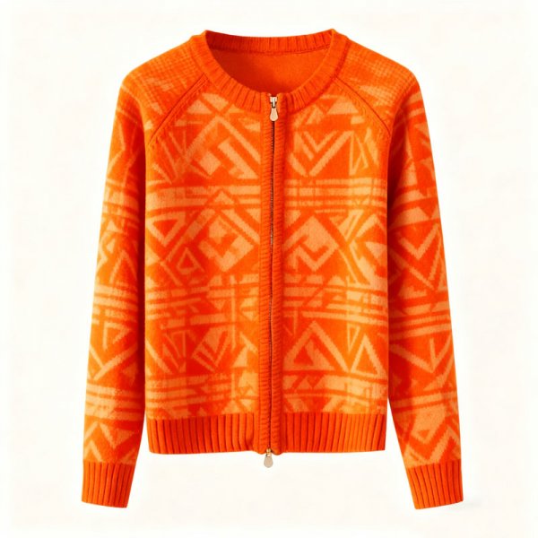 Women's Orange Ethnic Geometric Print Knit Zip-Up Cardigan