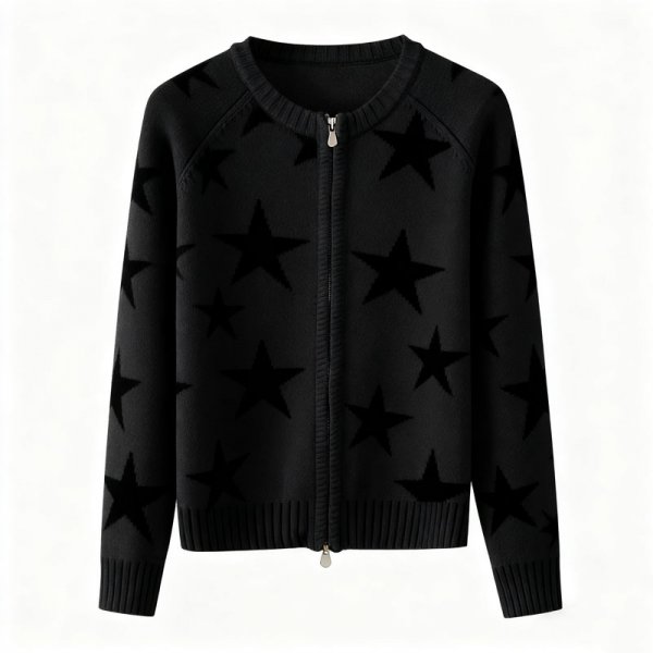 Women's Black Star Print Knit Zip-Up Cardigan