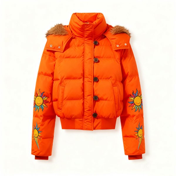 Women's Orange Short Puffer Jacket with Colorful Sun Print Sleeves & Fur Trim