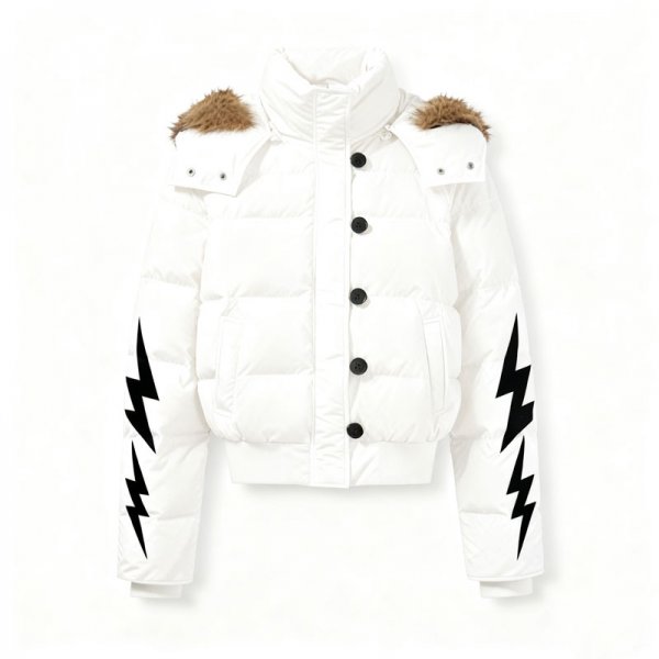 Women's White Short Puffer Jacket with Black Lightning Sleeves & Fur Shoulder Trim