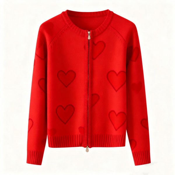 Women's Red Heart Print Knit Zip-Up Cardigan