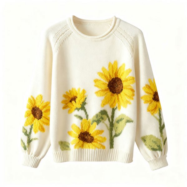 Women's Cream Crew Neck Sweater with Yellow Sunflower Print