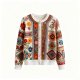 Women's Ethnic Floral & Geometric Knit Cardigan (Button-Front Crew Neck)