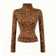 Women's Leopard Print Turtleneck Top (Ruched Sleeves & Slim Fit)