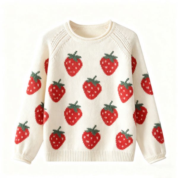 Women's Cream Crew Neck Sweater with Full Red Strawberry Print (Puff Sleeves)