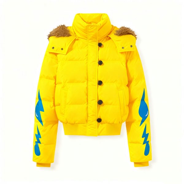 Women's Yellow Short Puffer Jacket with Blue Lightning & Drop Sleeves