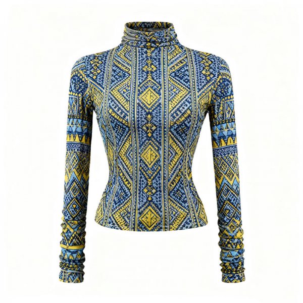 Women's Blue & Yellow Ethnic Geometric Print Turtleneck Top