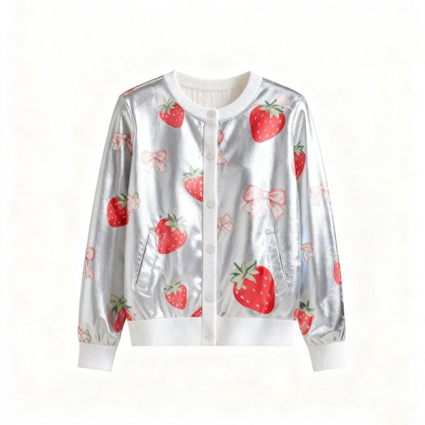 Women's Silver Metallic Strawberry & Bow Print Cardigan (Pocket Design)