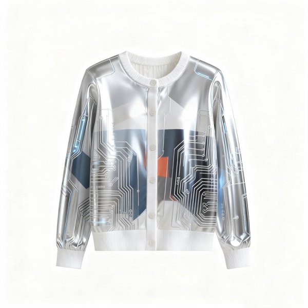 Women's Silver Metallic Circuit & Geometric Print Cardigan (Button-Front)