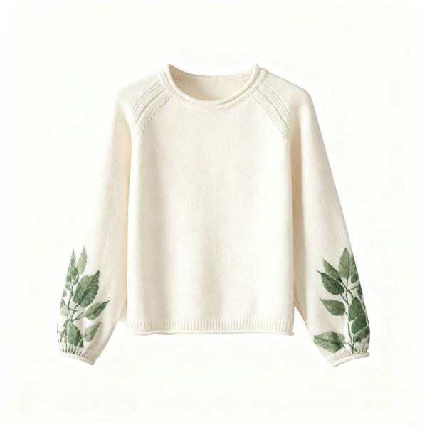Women's Cream Crew Neck Sweater with Green Leaf Print Sleeves