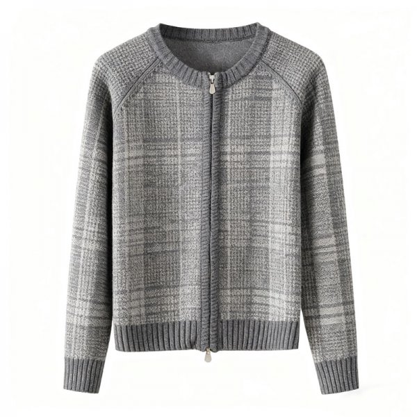 Women's Gray Plaid Knit Zip-Up Cardigan