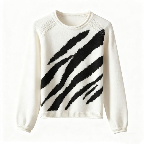 Women's Cream Crew Neck Sweater with Black Zebra Stripe Print