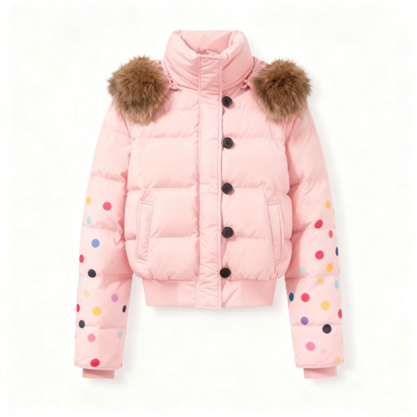 Women's Pink Short Puffer Jacket with Colorful Polka Dot Sleeves & Fur Shoulder Trim