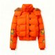 Women's Orange Short Puffer Jacket with Colorful Sun Print Sleeves & Fur Trim