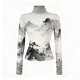 Women's Ink Landscape Print Turtleneck Top (Ruched Sleeves)