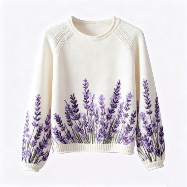 Women's Cream Crew Neck Sweater with Full Purple Lavender Print