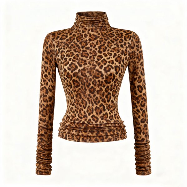 Women's Leopard Print Turtleneck Top (Ruched Sleeves & Slim Fit)
