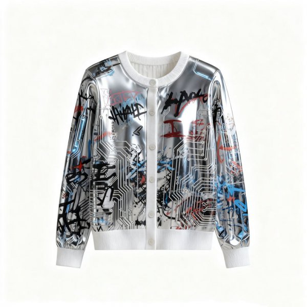 Women's Silver Metallic Circuit & Graffiti Print Cardigan (Button-Front)