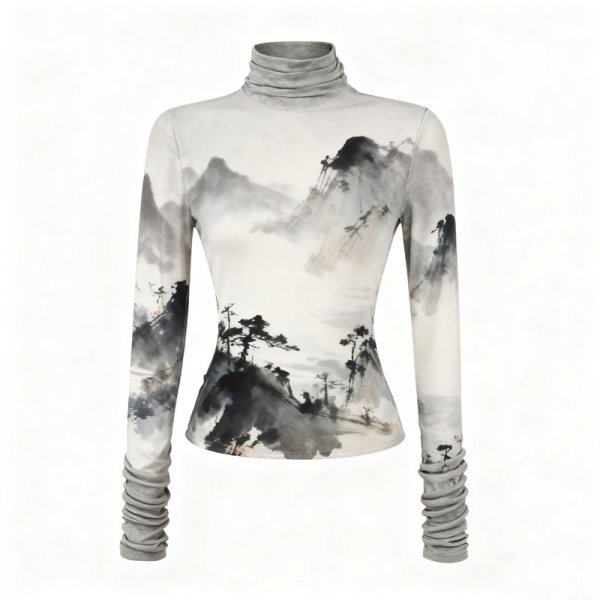 Women's Ink Landscape Print Turtleneck Top (Ruched Sleeves)