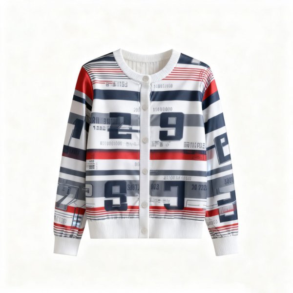 Women's Red-White-Blue Stripe & Number Print Metallic Cardigan