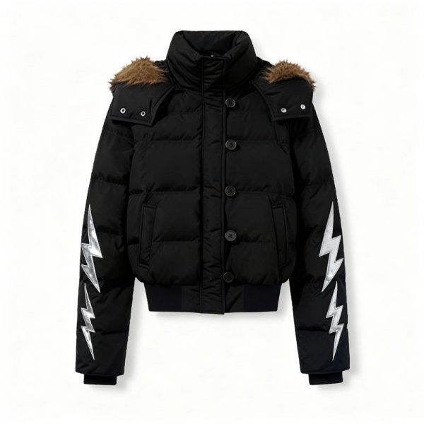 Women's Black Short Puffer Jacket with Silver Lightning Sleeves & Fur Shoulder Trim