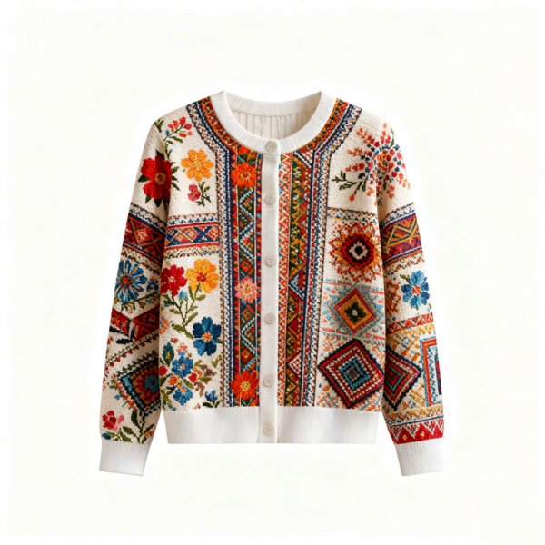 Women's Ethnic Floral & Geometric Knit Cardigan (Button-Front Crew Neck)