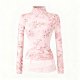 Women's Pink Cherry Blossom Print Turtleneck Top (Layered Hem & Ruched Sleeves)