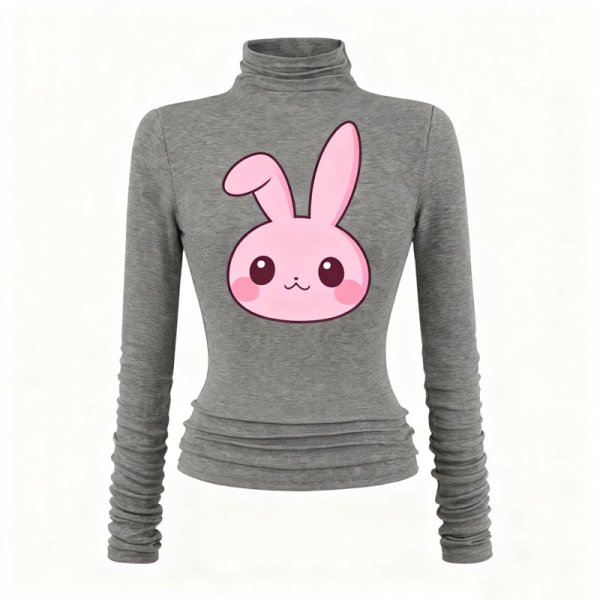 Women's Gray Turtleneck Top with Cute Pink Bunny Print (Ruched Sleeves)