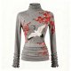 Women's Gray Turtleneck Top with Red Crane & Plum Blossom Print (Ruched Sleeves)