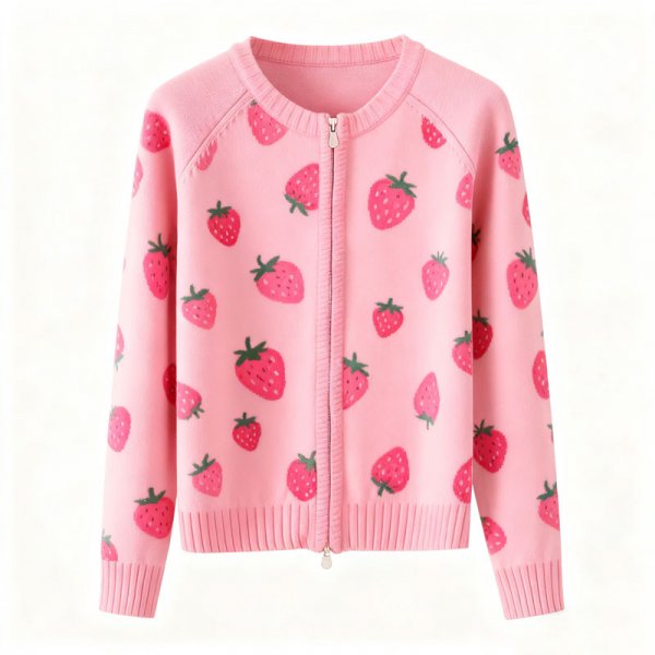 Women's Pink Ditsy Strawberry Print Knit Zip-Up Cardigan