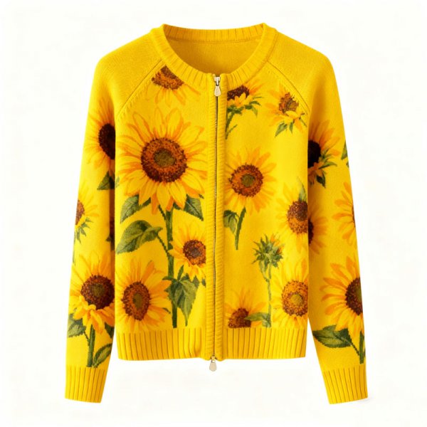 Women's Yellow Sunflower Print Knit Zip-Up Cardigan