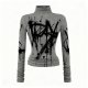 Women's Gray Turtleneck Top with Black Graffiti Print (Ruched Sleeves)