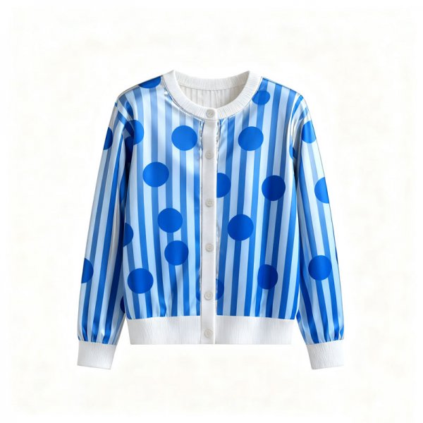 Women's Blue-White Stripe & Polka Dot Print Metallic Cardigan