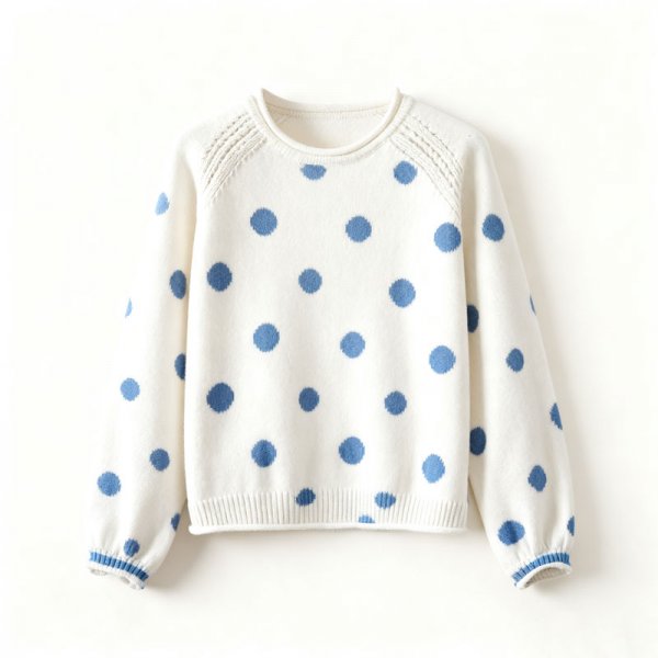 Women's Cream Crew Neck Sweater with Blue Polka Dot Print