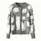 Women's Gray White Cat Print Knit Zip-Up Cardigan