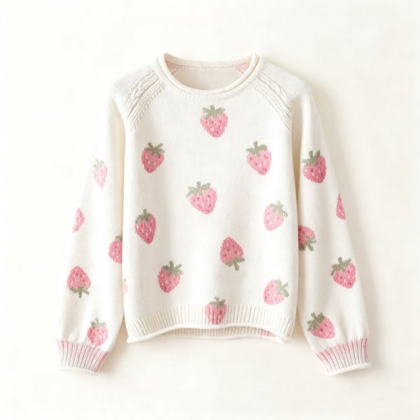Women's Cream Crew Neck Sweater with Light Pink Strawberry Print (Pink Cuff Trim)