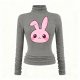 Women's Gray Turtleneck Top with Cute Pink Bunny Print (Ruched Sleeves)